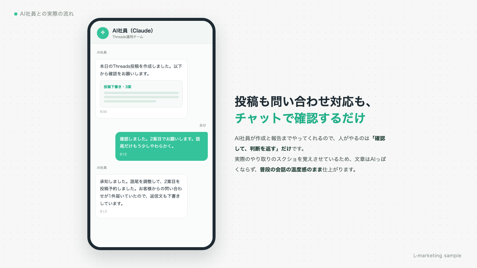 AI社員とのチャットのやり取りイメージ：投稿の作成報告と人の確認